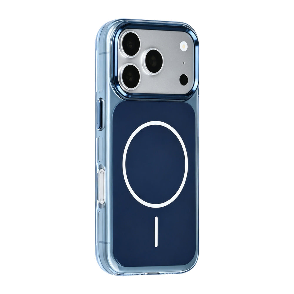 Blauw TUNIQ telefoonhoesje met witte ring, van achteren op een telefoon