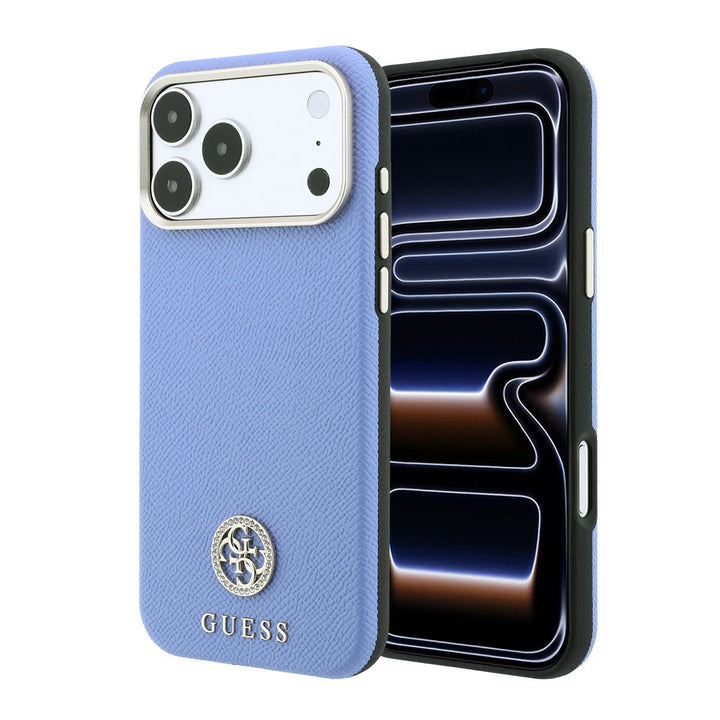 Lichtblauw Guess telefoonhoesje met rond strasslogo, voor- en achterkant op een telefoon