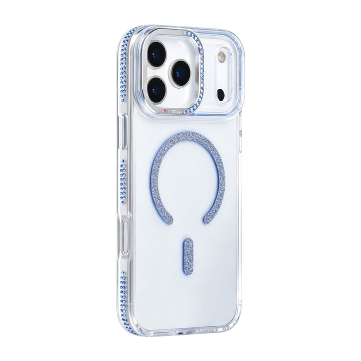 Transparant TUNIQ telefoonhoesje met blauwe glitters langs de rand en gebogen ring, van achteren op een telefoon