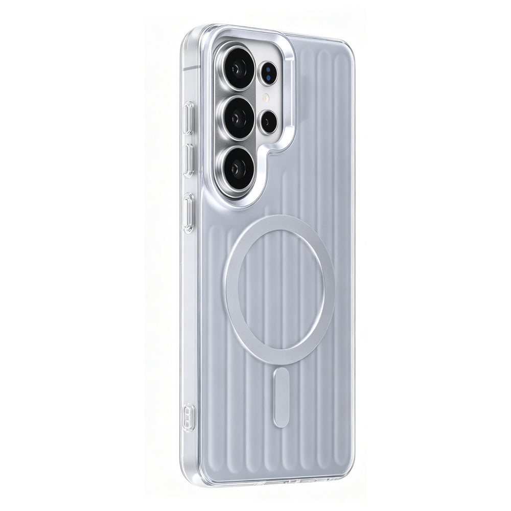 Zilverkleurig TUNIQ telefoonhoesje met verticale ribbels en ring, van achteren op een telefoon