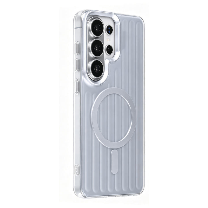 Zilverkleurig TUNIQ telefoonhoesje met verticale ribbels en ring, van achteren op een telefoon