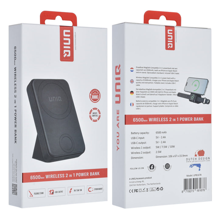 Voor- en achterkant van verpakking van TUNIQ powerbank met standaard