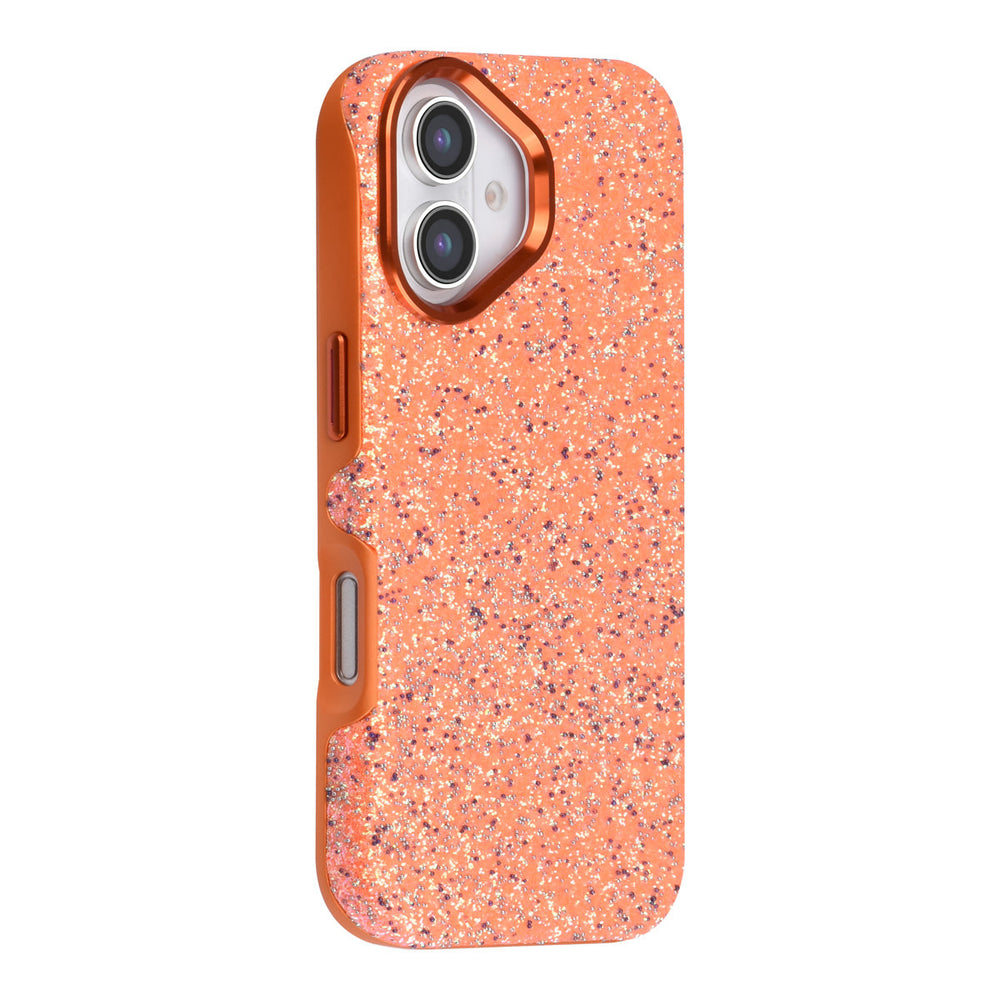 Oranje TUNIQ telefoonhoesje met glitters, van achteren op een telefoon