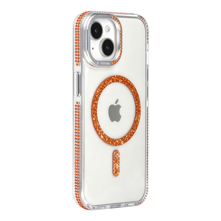 Transparant TUNIQ telefoonhoesje met oranje glitterring en rand, van achteren op een telefoon