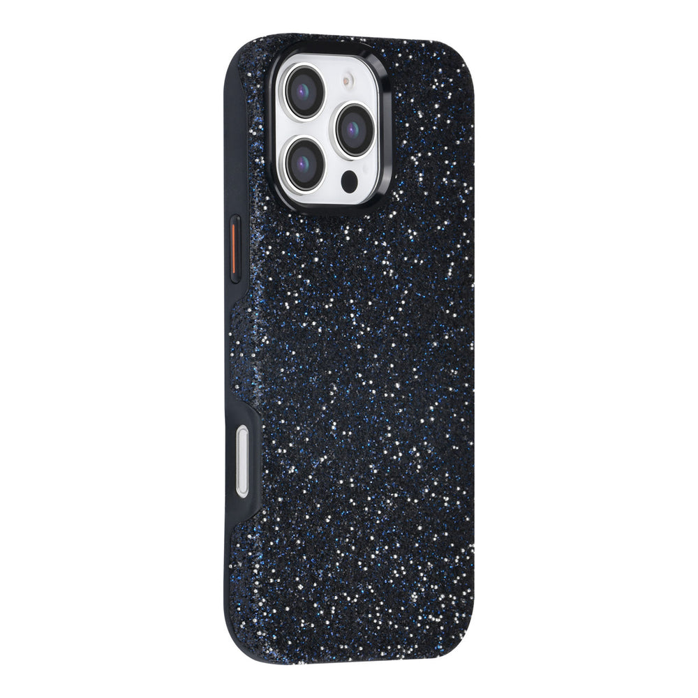 Zwart TUNIQ telefoonhoesje met glitters, van achteren op een telefoon
