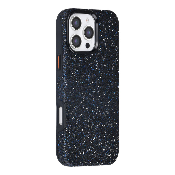 Zwart TUNIQ telefoonhoesje met glitters, van achteren op een telefoon