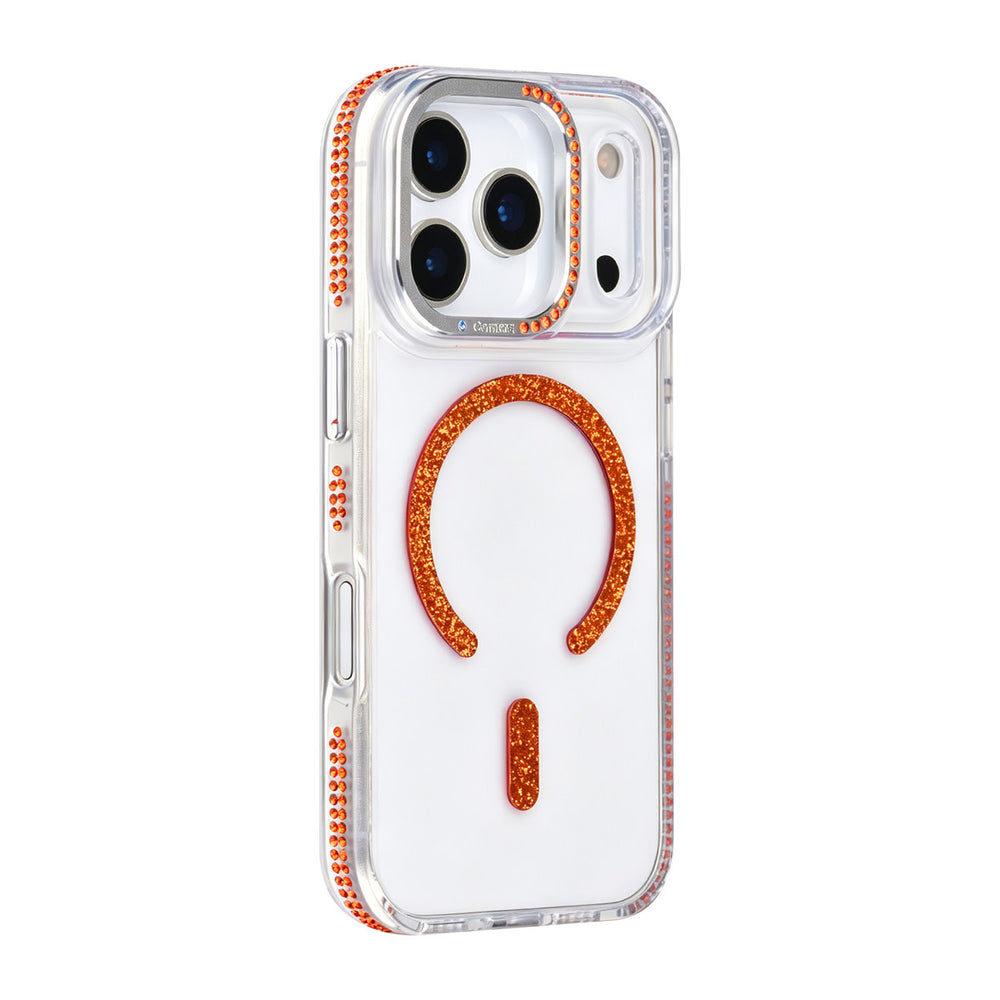 Transparant TUNIQ telefoonhoesje met oranje glitters langs de rand en gebogen ring, van achteren op een telefoon