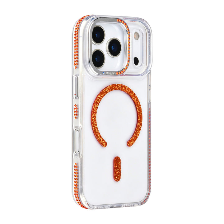 Transparant TUNIQ telefoonhoesje met oranje glitters langs de rand en gebogen ring, van achteren op een telefoon