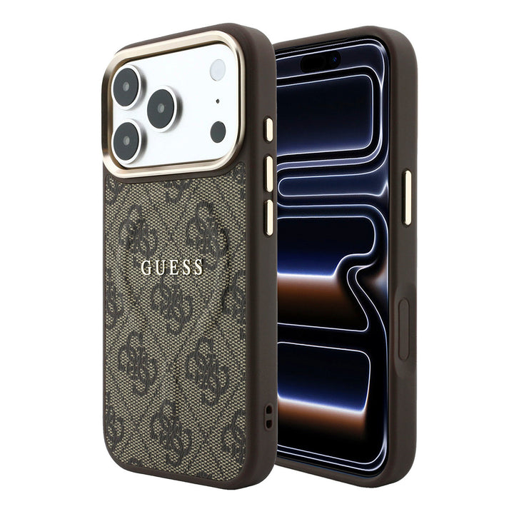 Bruin Guess telefoonhoesje met 4G-patroon en klassiek logo, voor- en achterkant op een telefoon