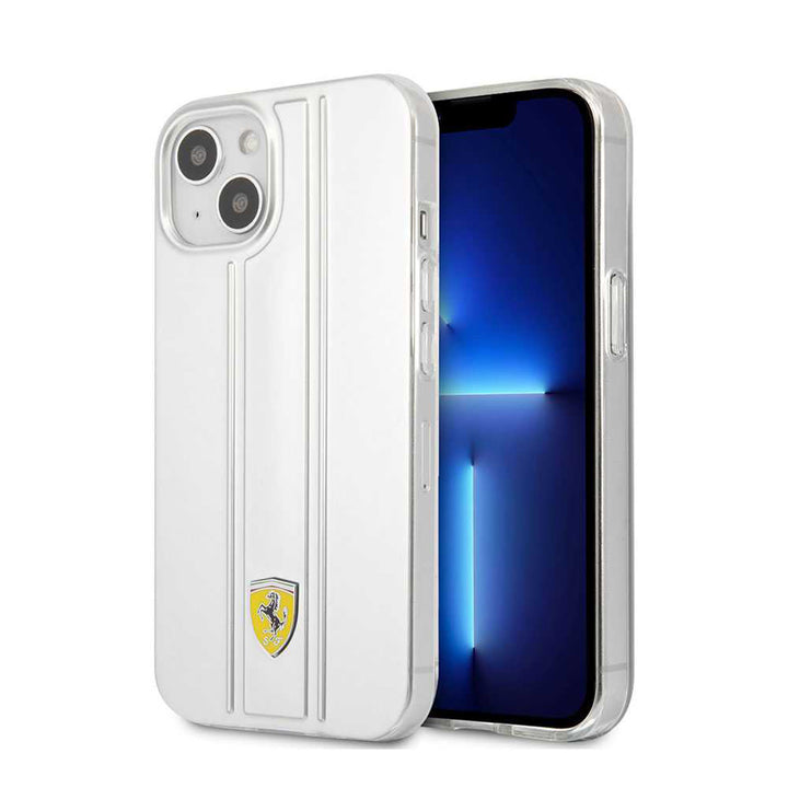 Transparant Ferrari telefoonhoesje met verticale strepen en geel schildlogo, voor- en achterkant op een telefoon