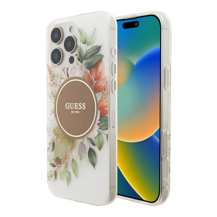 Guess telefoonhoesje met bloemen en bruin rond logo, voor- en achterkant op een telefoon