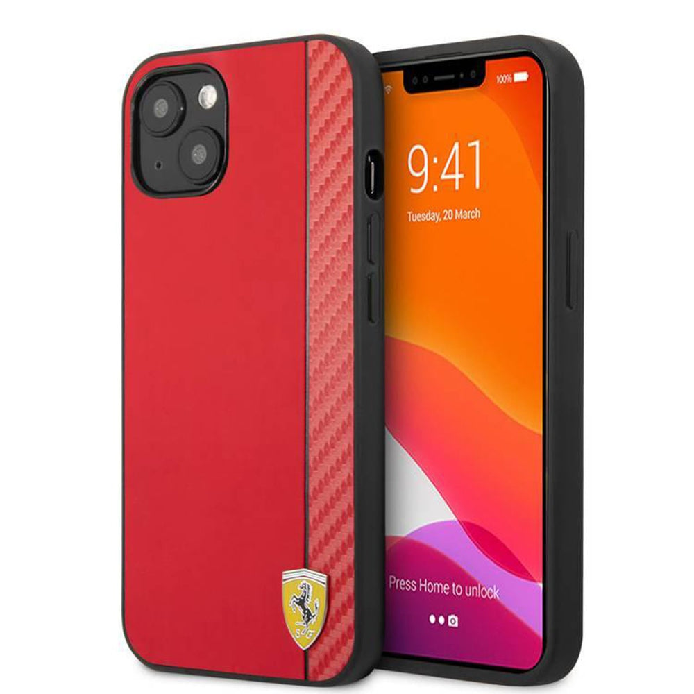 Rood Ferrari telefoonhoesje met smalle patroonstrook en geel schildlogo, voor- en achterkant op een telefoon