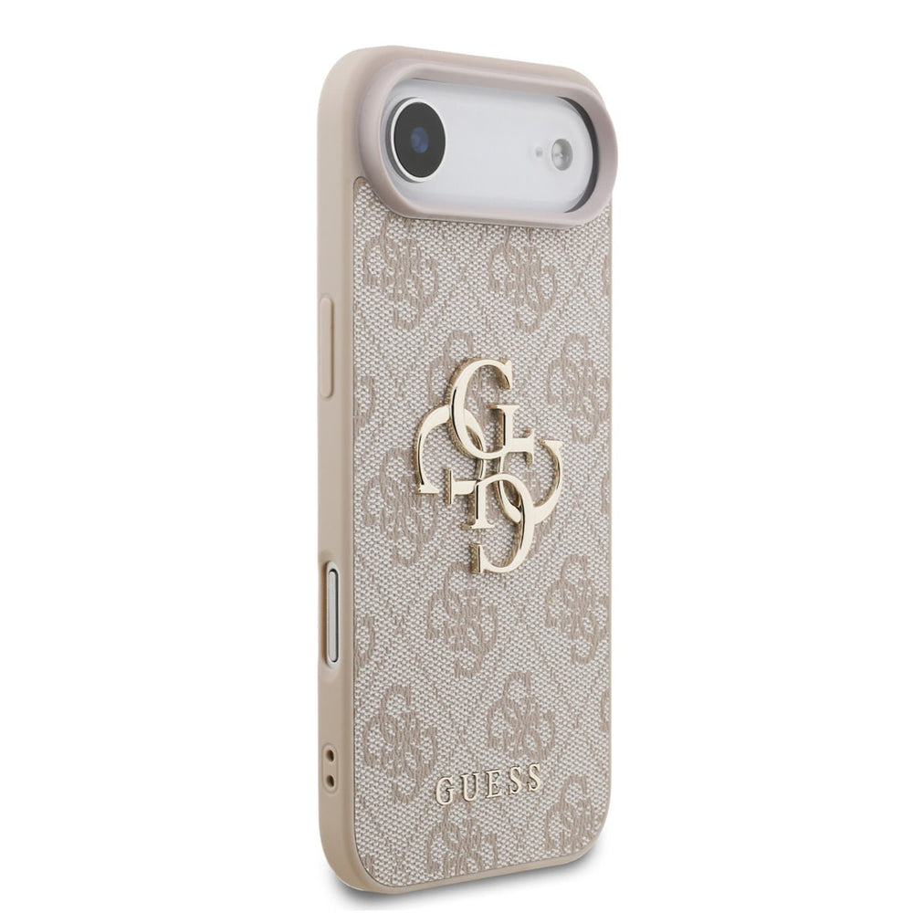 Lichtgekleurd Guess telefoonhoesje met 4G-patroon en groot logo schuin van achteren
