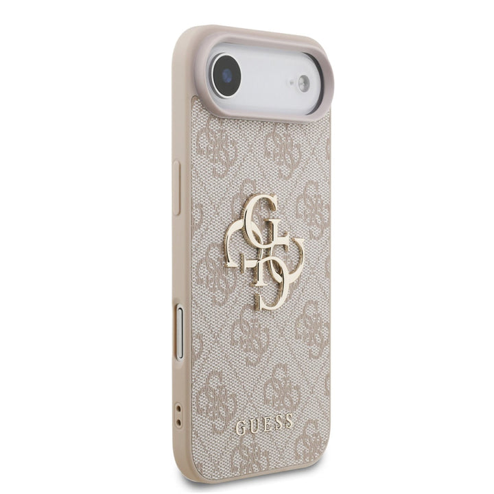 Lichtgekleurd Guess telefoonhoesje met 4G-patroon en groot logo schuin van achteren