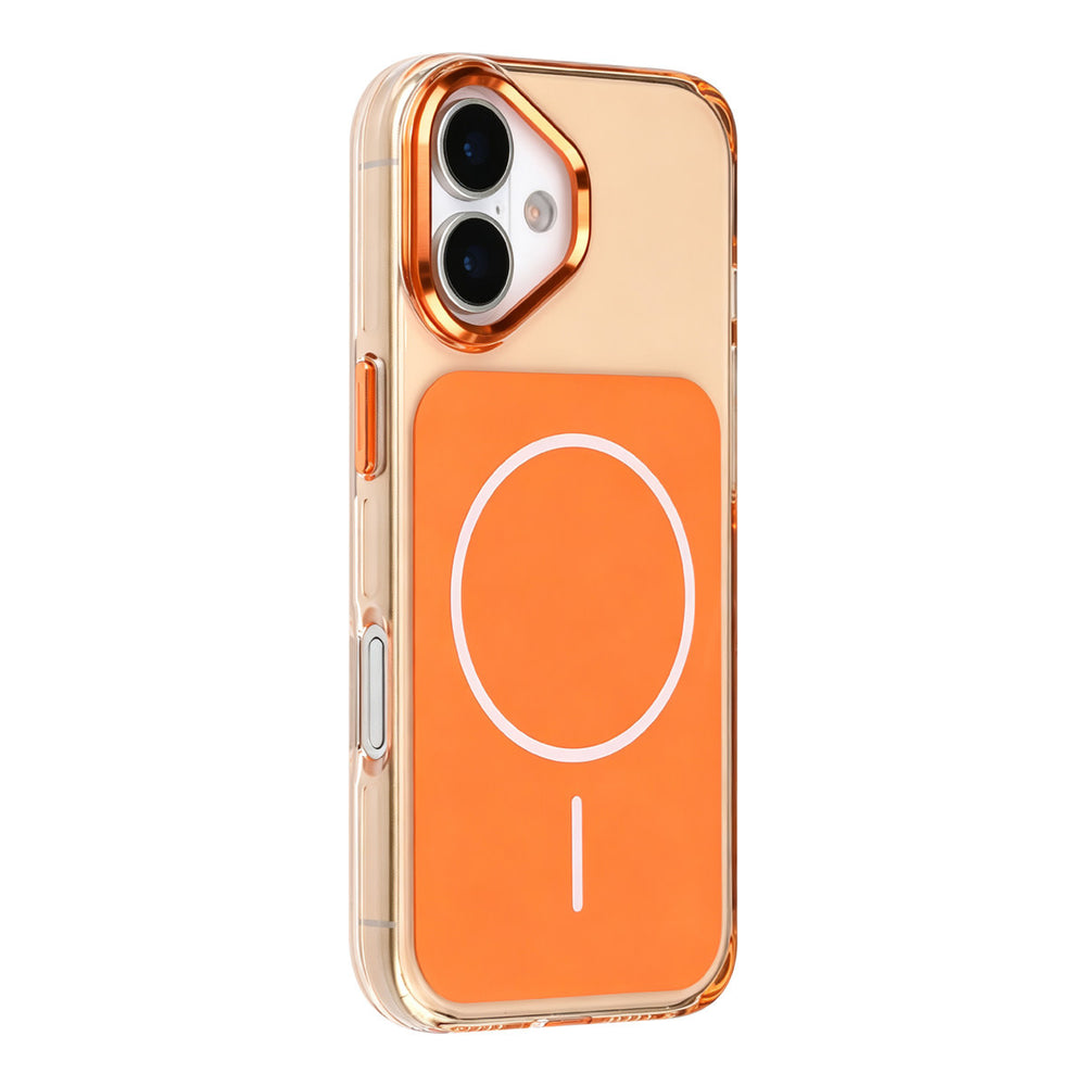 Oranje TUNIQ telefoonhoesje met witte ring, van achteren op een telefoon