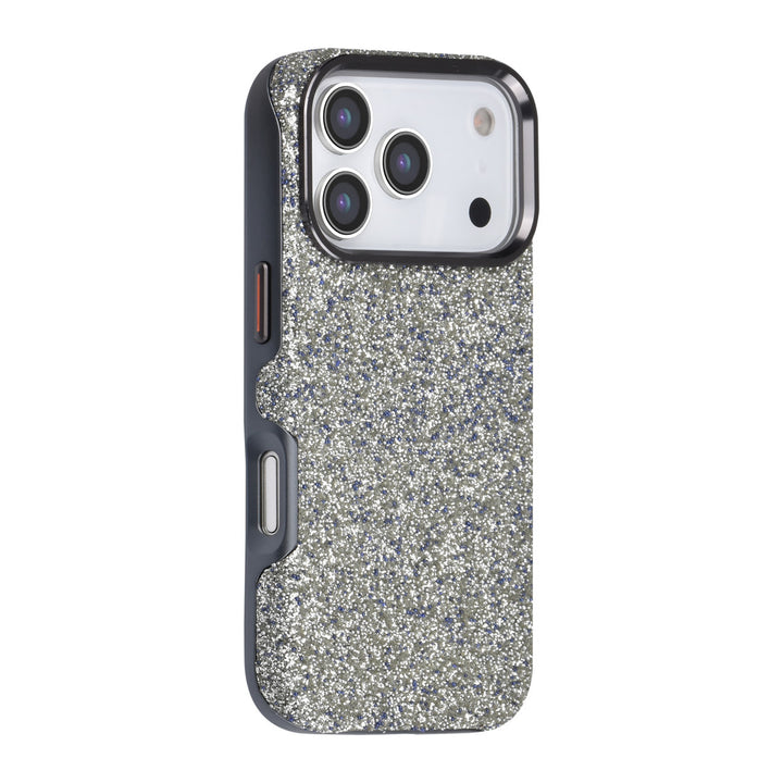 Grijs TUNIQ telefoonhoesje met glitters, van achteren op een telefoon