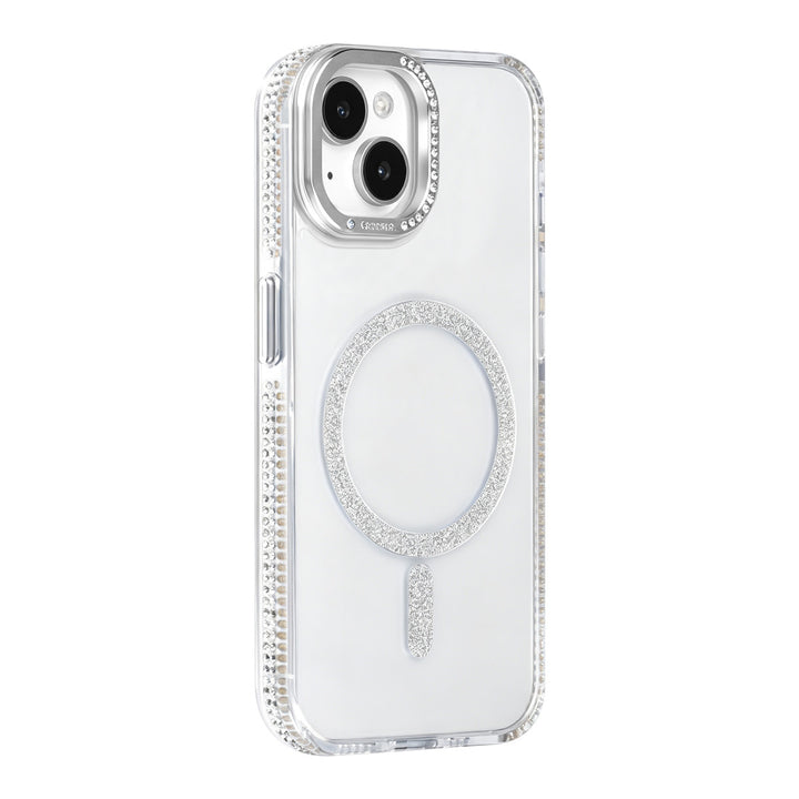 Transparant TUNIQ telefoonhoesje met zilverkleurige glitterring en rand, van achteren op een telefoon