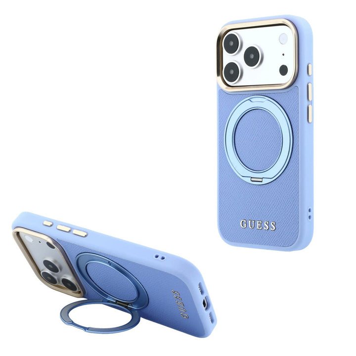 Lichtblauw Guess telefoonhoesje met ringstandaard, staand en horizontaal als telefoonsteun