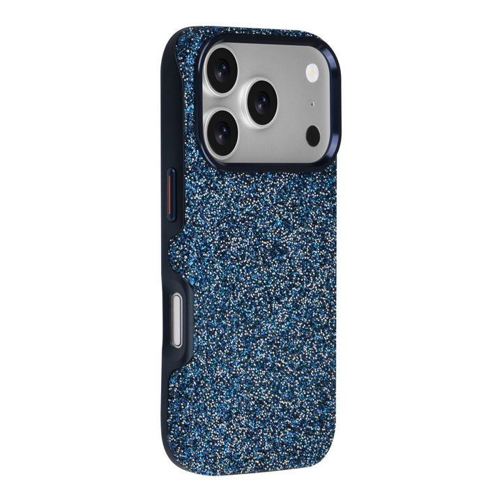 Blauw TUNIQ telefoonhoesje met glitters, van achteren op een telefoon