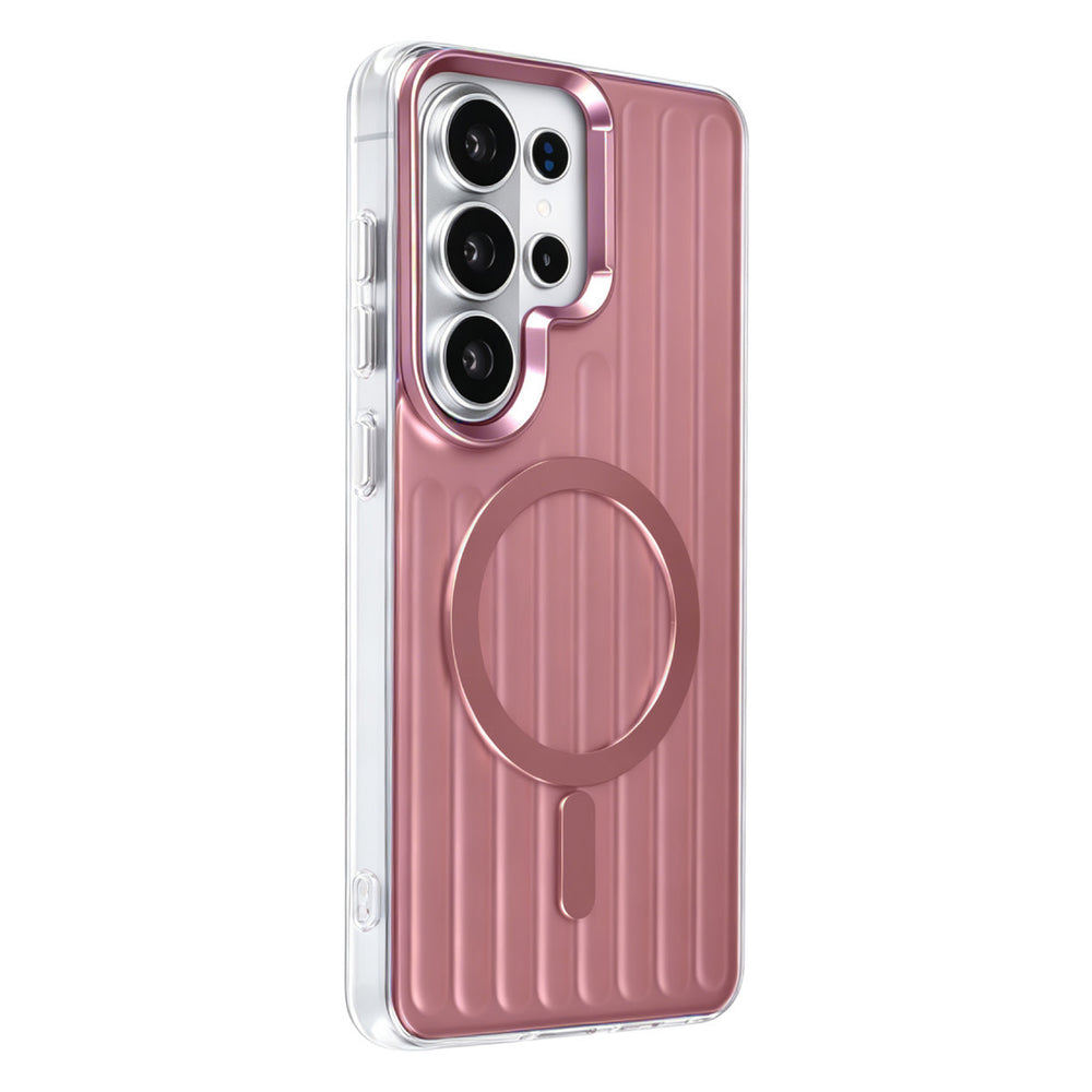 Roze TUNIQ telefoonhoesje met verticale ribbels en ring, van achteren op een telefoon