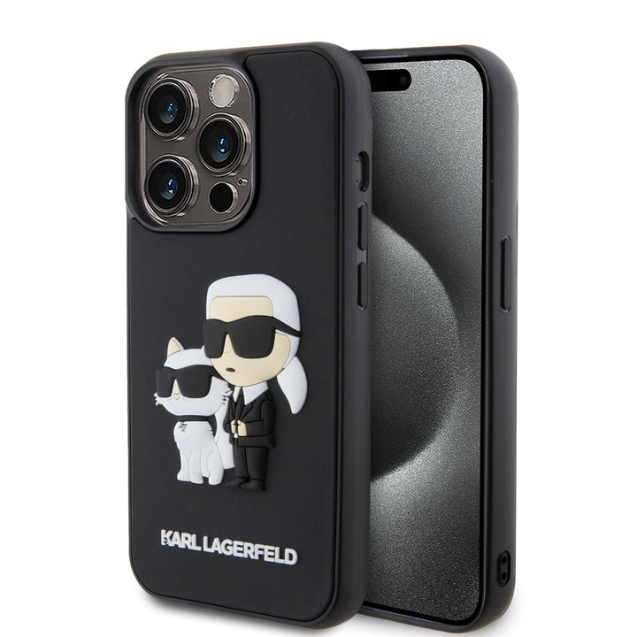 Zwart Karl Lagerfeld telefoonhoesje met figuren van Karl en Choupette, voor- en achterkant op een telefoon