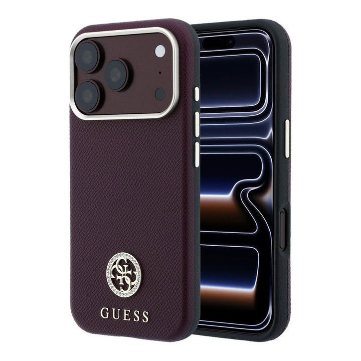 Bordeauxkleurig Guess telefoonhoesje met rond strasslogo, voor- en achterkant op een telefoon