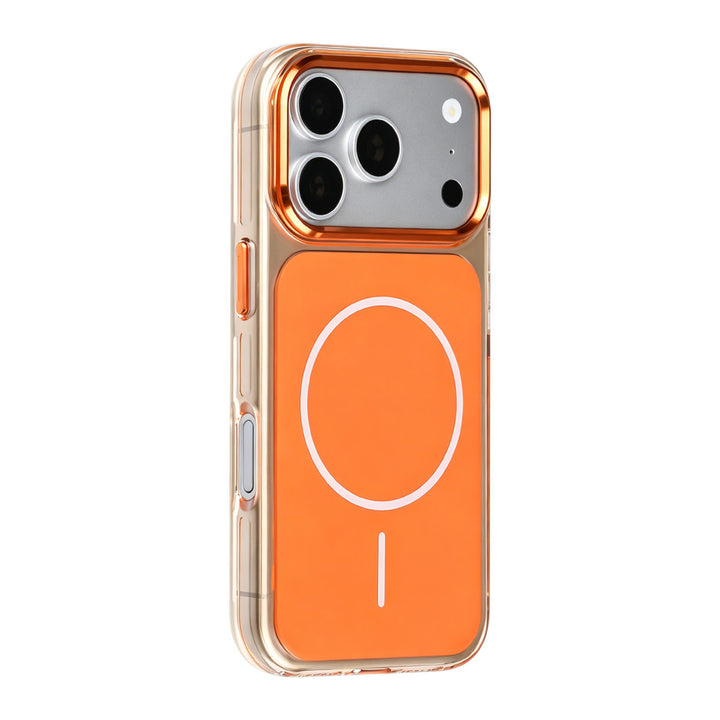 Oranje TUNIQ telefoonhoesje met witte ring, van achteren op een telefoon