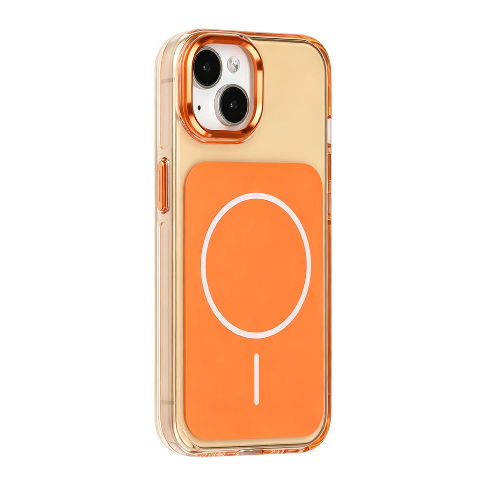 Oranje TUNIQ telefoonhoesje met witte ring, van achteren op een telefoon