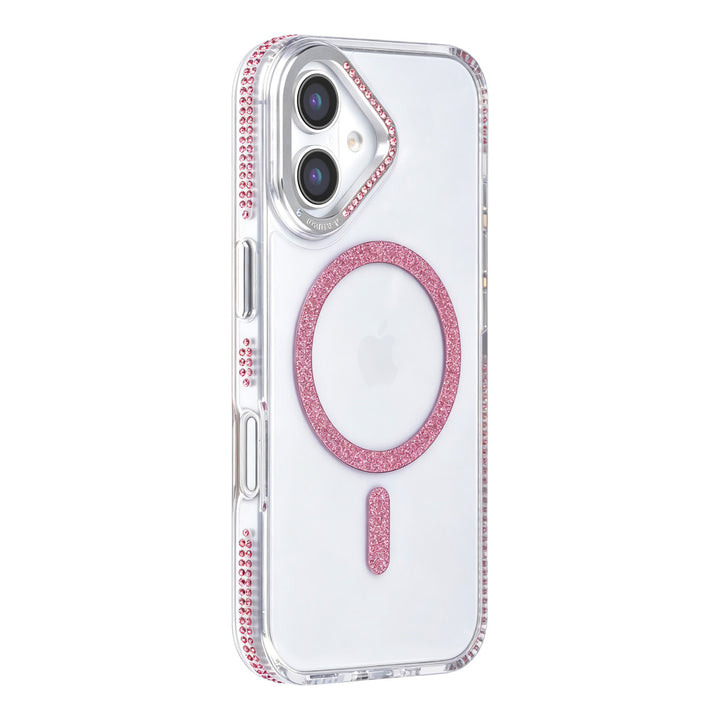 Transparant TUNIQ telefoonhoesje met roze glitterring en rand, van achteren op een telefoon