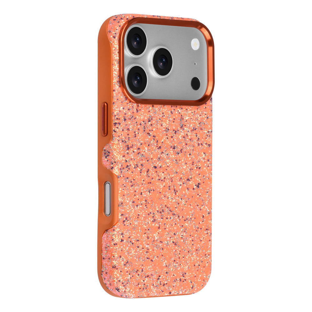 Oranje TUNIQ telefoonhoesje met glitters, van achteren op een telefoon