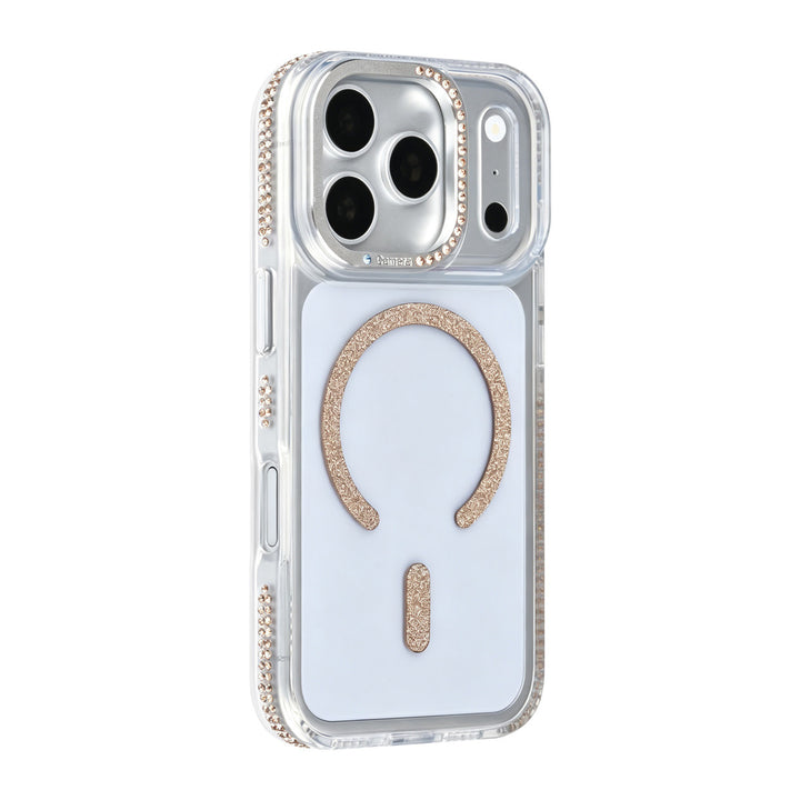 Transparant TUNIQ telefoonhoesje met goudkleurige glitters langs de rand en gebogen ring, van achteren op een telefoon