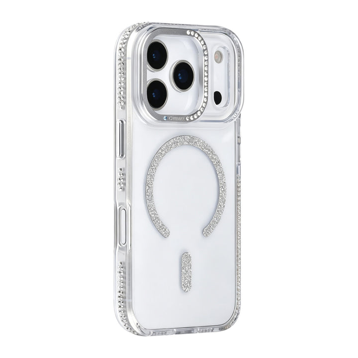 Transparant TUNIQ telefoonhoesje met zilverkleurige glitters langs de rand en gebogen ring, van achteren op een telefoon