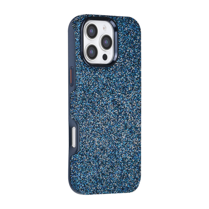 Blauw TUNIQ telefoonhoesje met glitters, van achteren op een telefoon