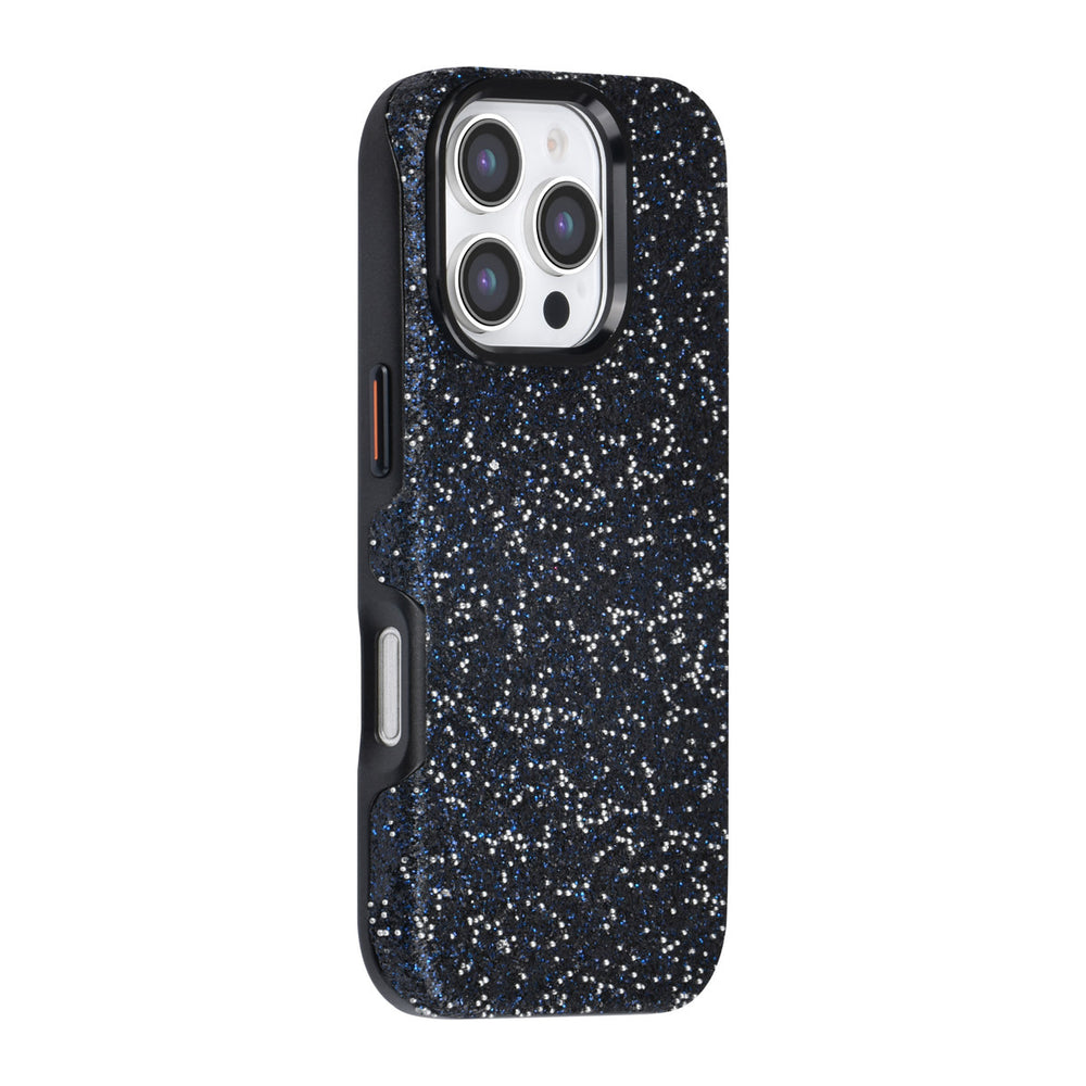 Zwart TUNIQ telefoonhoesje met glitters, van achteren op een telefoon