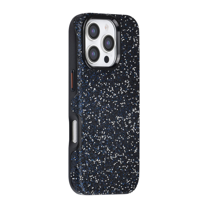 Zwart TUNIQ telefoonhoesje met glitters, van achteren op een telefoon