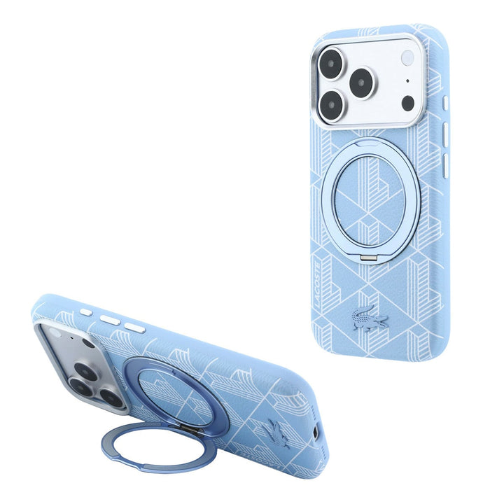 Lichtblauw Lacoste telefoonhoesje met geometrisch patroon met ringstandaard, staand en horizontaal als telefoonsteun