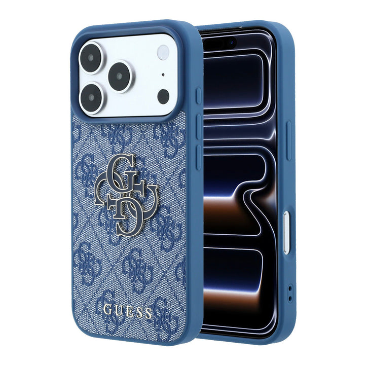 Blauw Guess telefoonhoesje met 4G-patroon en groot logo, voor- en achterkant op een telefoon