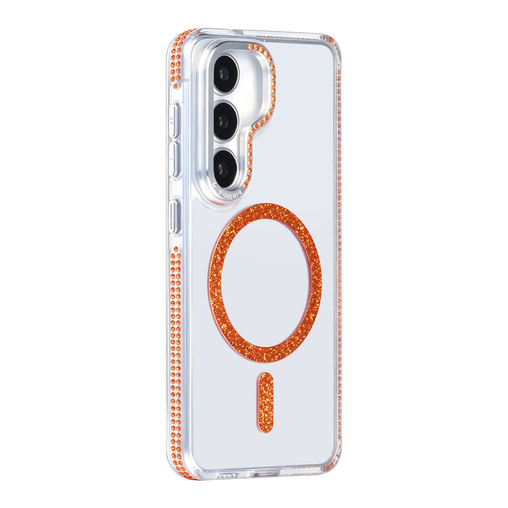 Transparant TUNIQ telefoonhoesje met oranje glitterring en rand, van achteren op een telefoon