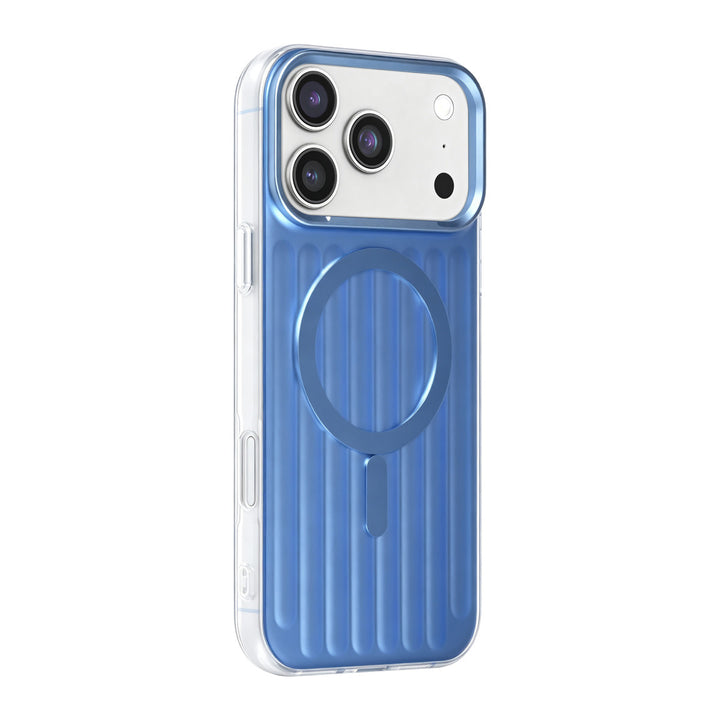 Blauw TUNIQ telefoonhoesje met verticale ribbels en ring, van achteren op een telefoon