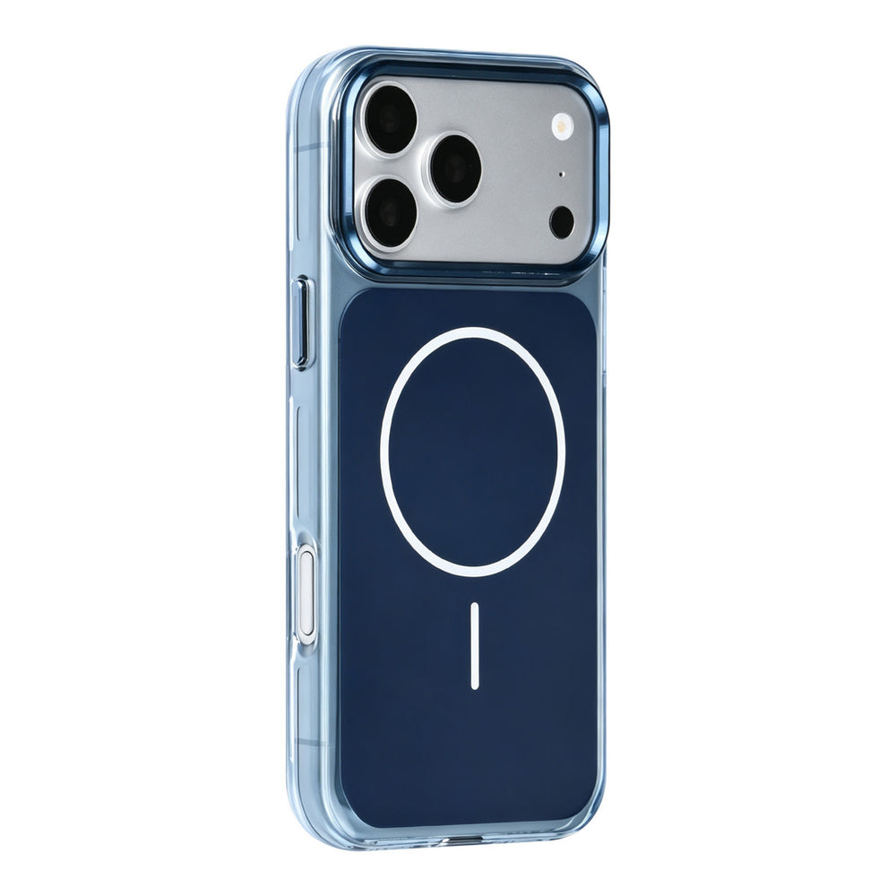 Blauw TUNIQ telefoonhoesje met witte ring, van achteren op een telefoon