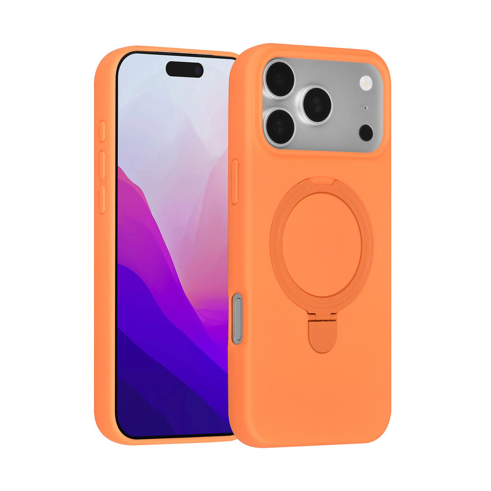 Oranje TUNIQ telefoonhoesje met ringstandaard, voor- en achterkant op een telefoon