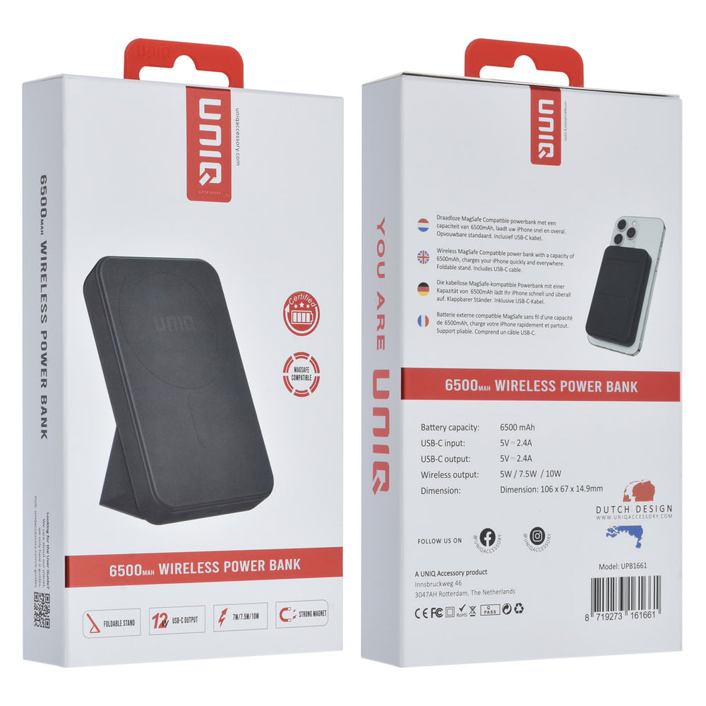 Voor- en achterkant van verpakking van zwarte TUNIQ powerbank
