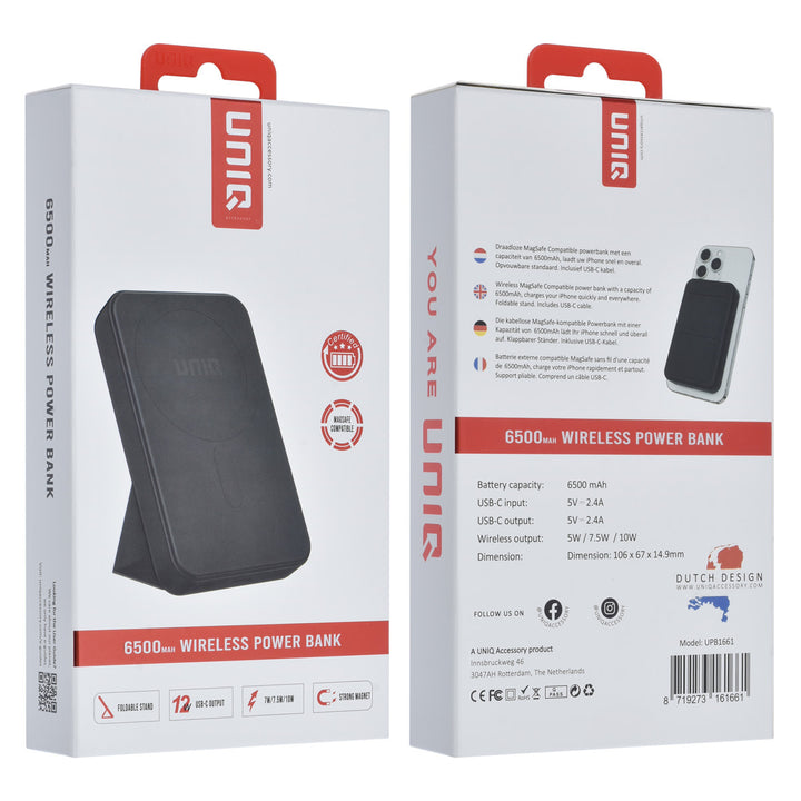 Voor- en achterkant van verpakking van zwarte TUNIQ powerbank