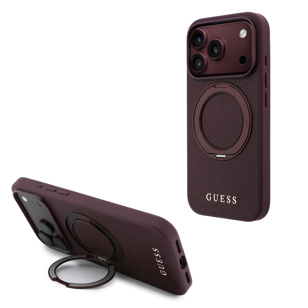 Bordeauxkleurig Guess telefoonhoesje met ringstandaard, staand en horizontaal als telefoonsteun