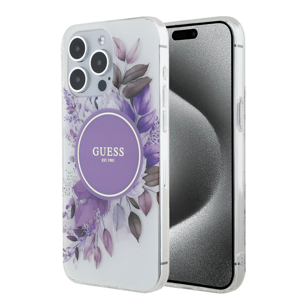 Guess telefoonhoesje met paarse bloemen en rond logo, voor- en achterkant op een telefoon