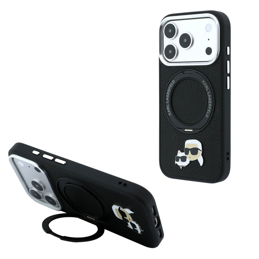 Zwart Karl Lagerfeld telefoonhoesje met hoofden van Karl en Choupette met ringstandaard, staand en horizontaal als telefoonsteun