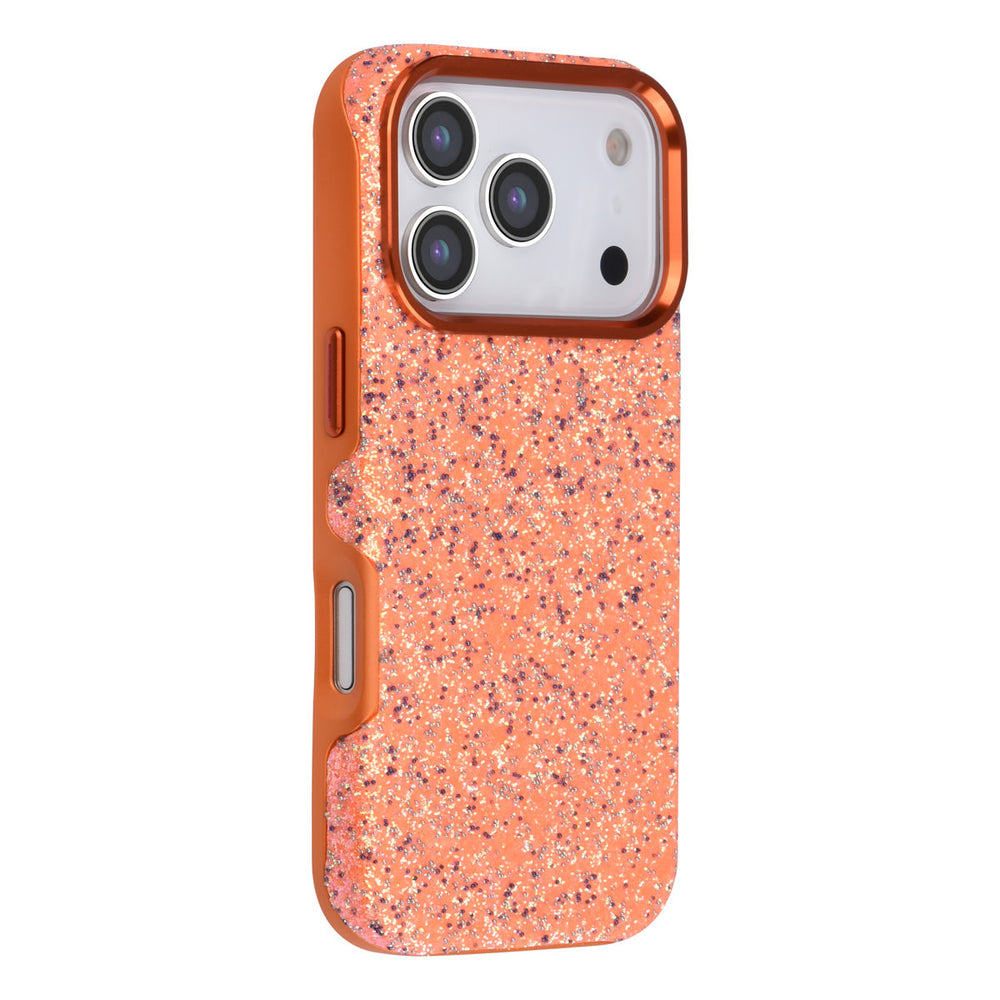 Oranje TUNIQ telefoonhoesje met glitters, van achteren op een telefoon