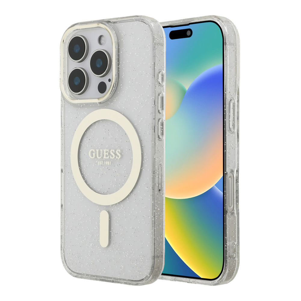 Transparant Guess telefoonhoesje met glitters en lichtgekleurde ring, voor- en achterkant op een telefoon