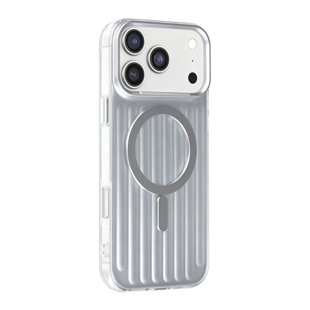 Zilverkleurig TUNIQ telefoonhoesje met verticale ribbels en ring, van achteren op een telefoon