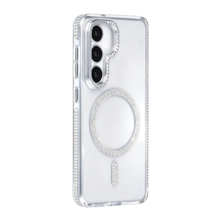 Transparant TUNIQ telefoonhoesje met zilverkleurige glitterring en rand, van achteren op een telefoon